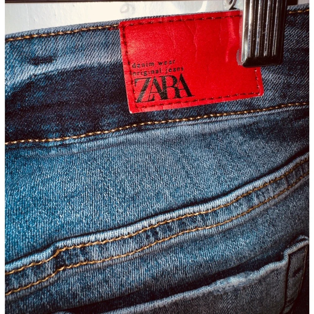 Zara Denim Wear Skinny Jeans Medium Wash Embroidered Side Stripe Red Blue Size 8